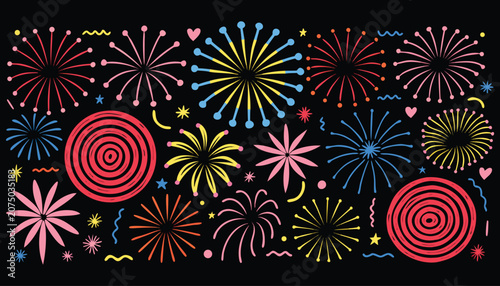 Hand Drawn Festive Fireworks and Starburst Doodle Pattern, Colorful Celebration Sparkles on Black Background Vector Illustration
