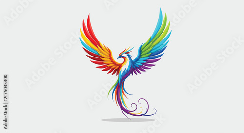 Foto Vibrant Rainbow Phoenix Bird Rising with Outstretched Wings on Grey Background