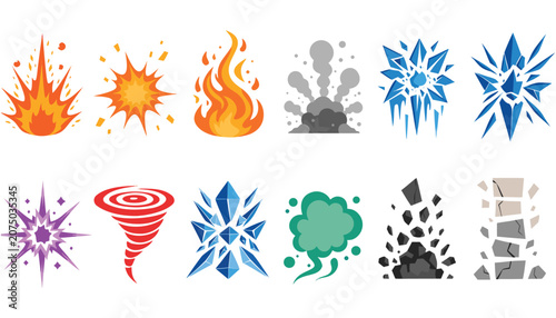 Cuadro en lienzo Game Cartoon Explosion and Special Effects Vector Set, Comic Bomb Blast, Fire Sm