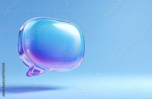 Abstract Glass Speech Bubble Icon with Gradient Colors on Blue Background.