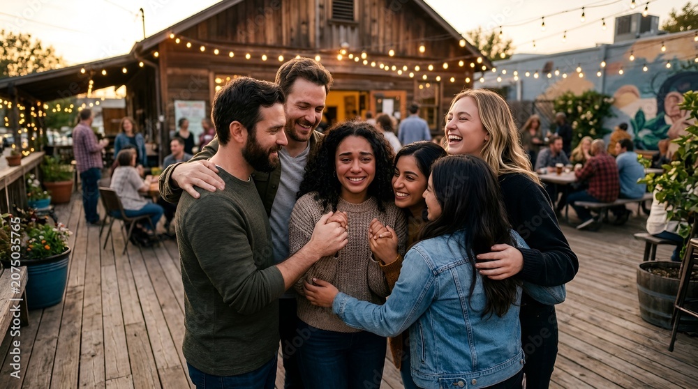 Naklejka premium Happy friends celebrating together outdoors in a rustic setting.