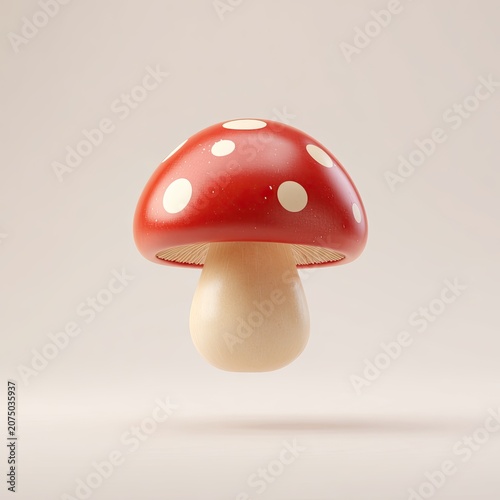 Whimsical Red Mushroom with White Spots Isolated on Soft Background.
