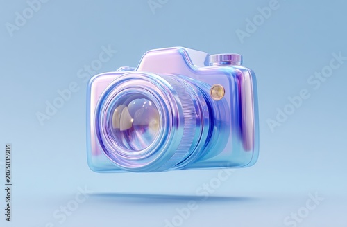 Holographic 3D Camera Icon Floating on Pastel Blue Background.