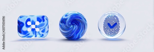 Abstract Blue Glass Objects with Swirls and Checkmark Symbol.