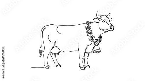 Continuous line drawing of a cow wearing a floral garland and a bell.