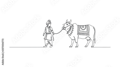 A line art illustration of a traditional Indian man leading a decorated bull.