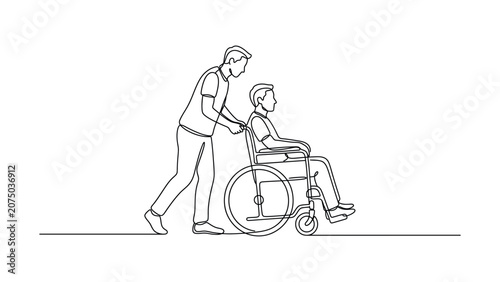 A continuous line drawing of a caregiver pushing a person in a wheelchair.