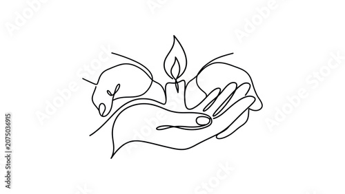 Continuous line drawing of two hands holding a lit candle.