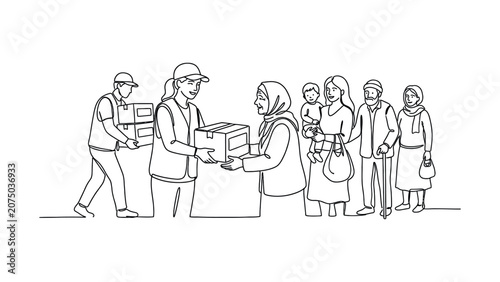 Continuous line drawing of volunteers distributing food aid packages to a group of people in need.