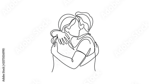 Minimalist continuous line drawing of two people sharing an affectionate embrace.