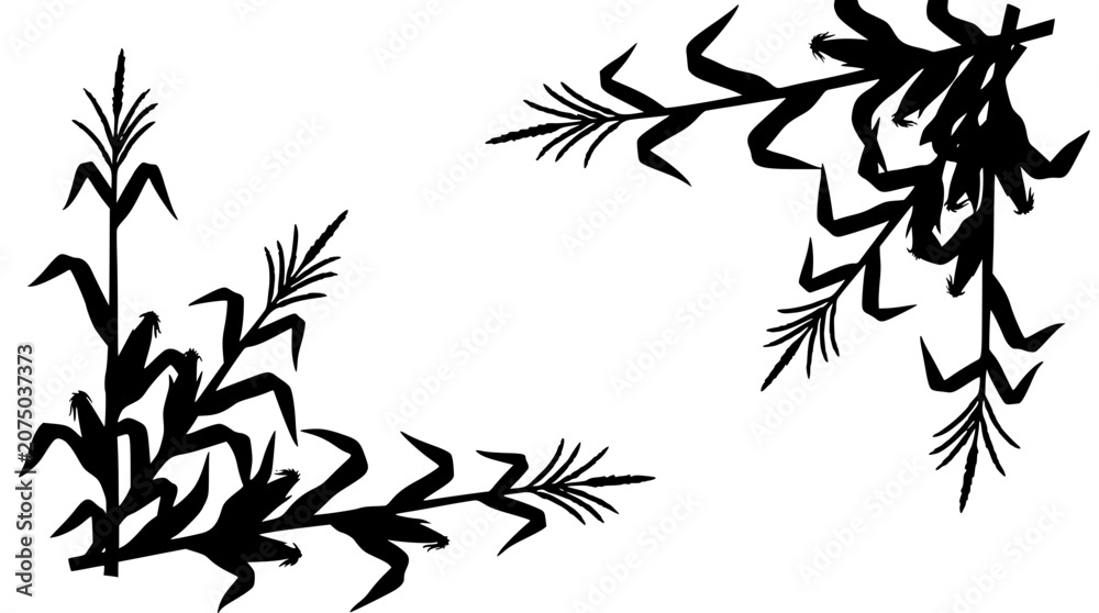 Fototapeta premium Black Corn Stalk Silhouette Border for Agriculture and Harvest Designs