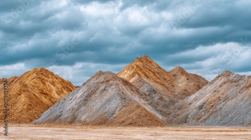 Piles of earth materials under a dramatic sky featuring clouds highlighting textures of different soil types at a construction site or quarry location
