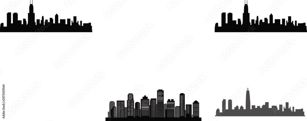 Obraz premium City Skyline Silhouette Collection Featuring Urban Buildings and Modern Downtown Landscape Vector Set