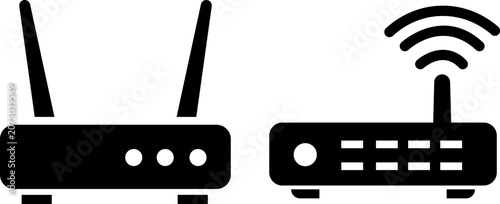 Two wireless routers with antennas and WiFi signal icons on white background