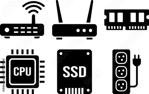 Computer hardware icons including router cpu ssd and power outlet on white background