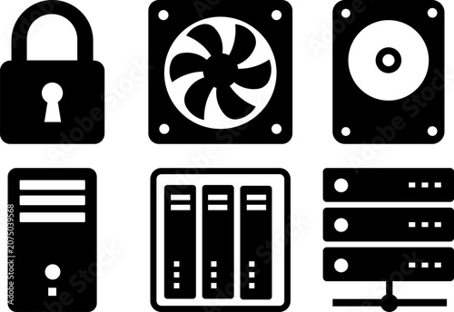 Collection of computer hardware and security icons in black and white colors