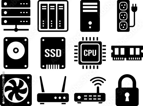 Collection of computer hardware and technology icons on white background
