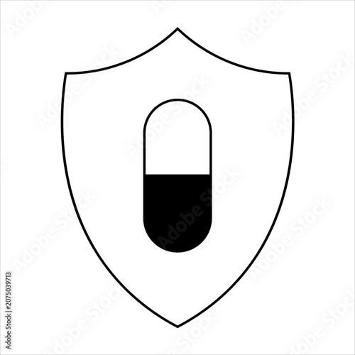 Foto A simple black and white line drawing of a shield with a capsule inside, representing medicine or health security