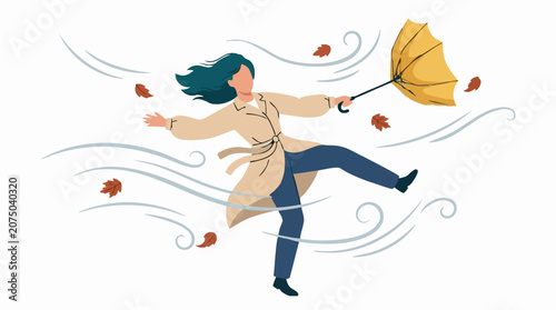 Fényképezés Woman battling strong wind with inverted umbrella and falling autumn leaves