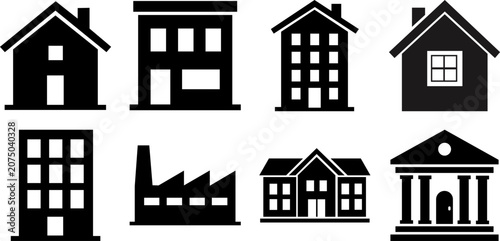 Black and white house and building icons on white background