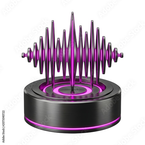 Purple sound wave visualization on a black pedestal 3d rendering illustration