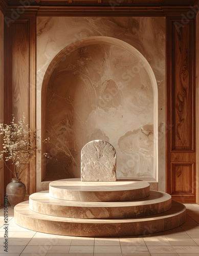 Marble fountain in arched alcove indoors.