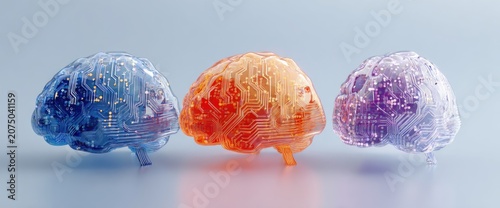 Three abstract brains in different colors, representing diversity of thought and creativity.