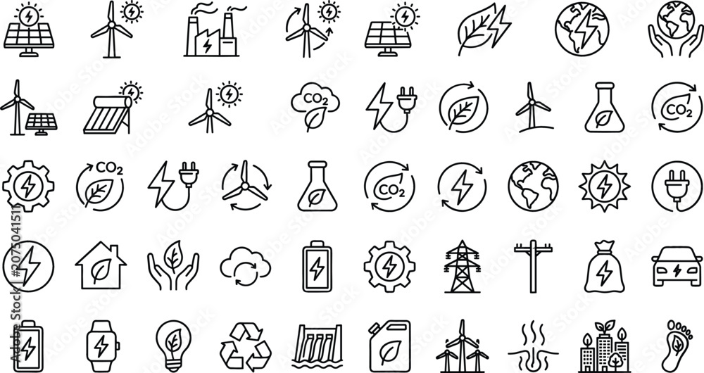 Fototapeta premium Green Energy and Ecology Line Icon Set Featuring Solar Panels Wind Turbines Carbon Footprint Recycling and Renewable Technology Graphic Symbols