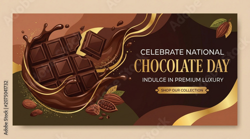 Картината върху платно Chocolate bar with melting chocolate and cocoa beans on national chocolate day b