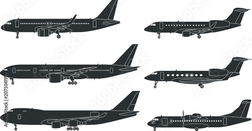 Schilderij op canvas Airplane silhouette vector illustration set featuring commercial jet airliners,
