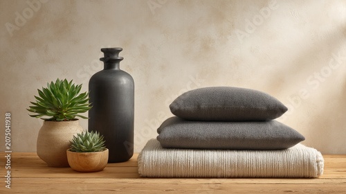 Modern Home Decor with Stylish Textiles, Elegant Plants, and Minimalist Vases for a Warm and Inviting Atmosphere in Interior Design