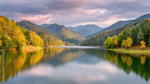 Serene Autumn Landscape with Calm Lake, Colorful Trees, and Majestic Mountains Under a Soft Cloudy Sky at Sunset