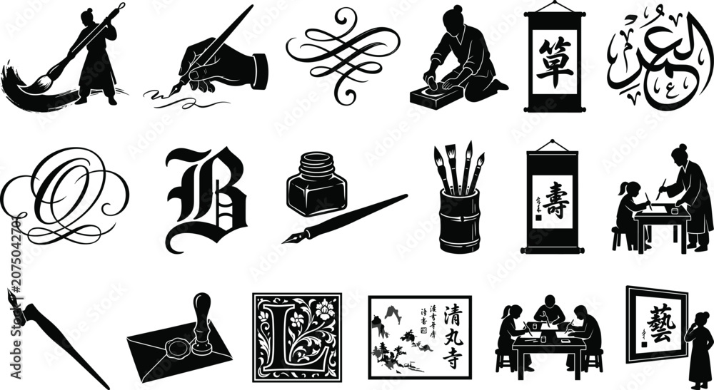 Obraz premium Black and white calligraphy icons and silhouette illustrations set featuring traditional writing tools, inkwells, Asian ink brushes, and elegant lettering styles