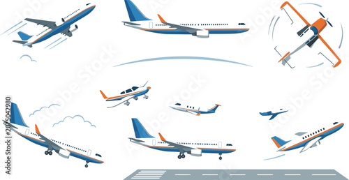 Bild auf Leinwand Commercial airplanes and private jets in various flight angles vector illustrati