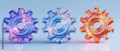 Three Colorful Translucent Gears Interlocking on a Light Blue Background.