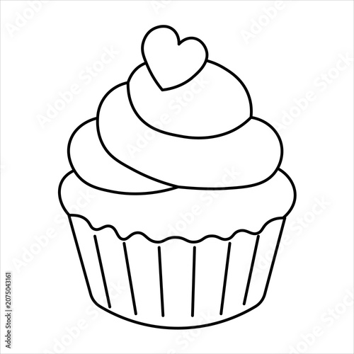 Obraz na płótnie A simple black and white line art drawing of a cupcake with swirled frosting and a small heart on top, perfect for coloring or minimalist design