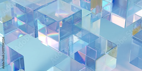 Abstract 3D Rendered Cubes with Iridescent Light Reflections.