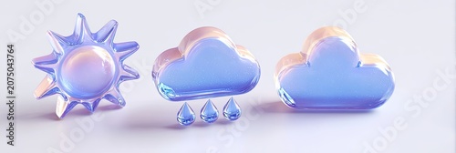 Three-dimensional weather icons - sun, rain cloud, and cloud.