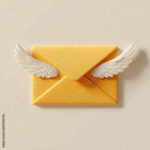 Yellow Envelope with White Angel Wings Flying.