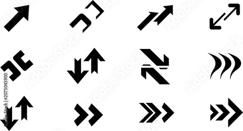 Set of black arrow icons pointing in different directions, designed as vector illustrations for UI and graphic use.