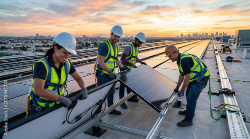 Professional construction team installing photovoltaic solar panels on a commercial rooftop.