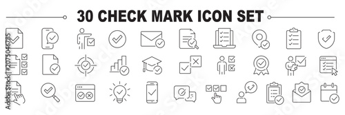 Checkmark icon set. Approval icons in line style. Editable web icons for agreement, vote, confirmation, choise, validation, completed tasks and verified status. Vector illustration.