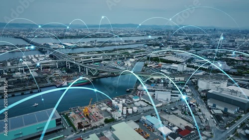 Concept of drone aerial photography and communication networks in a modern city.
