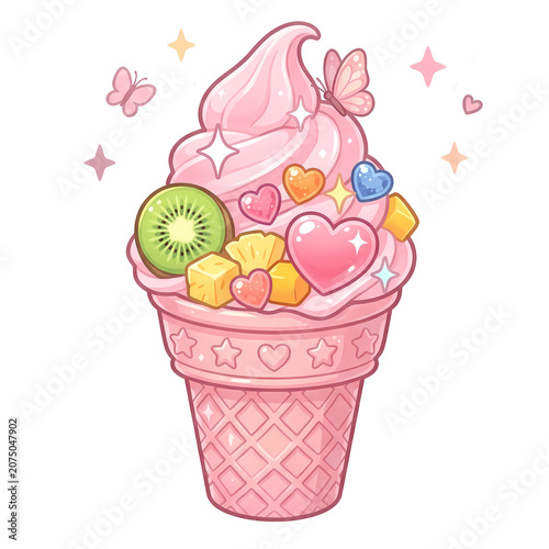 Colorful ice cream cone with fruit and hearts in a cheerful setting