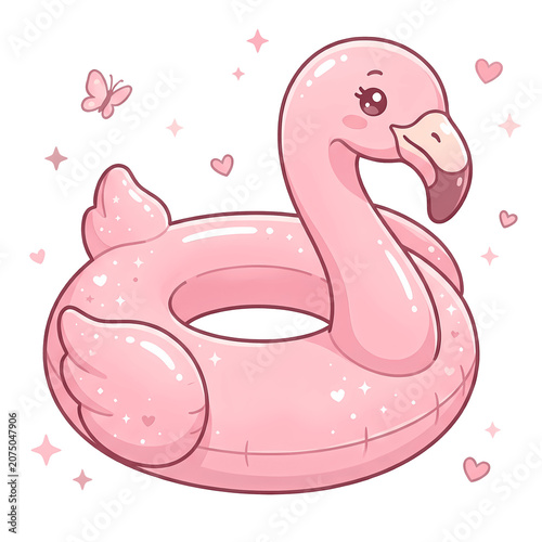 Cute pink flamingo pool float with hearts and butterflies in bright colors