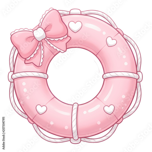 Bright pink lifebuoy with a bow and hearts on a white background for summer fun and safety