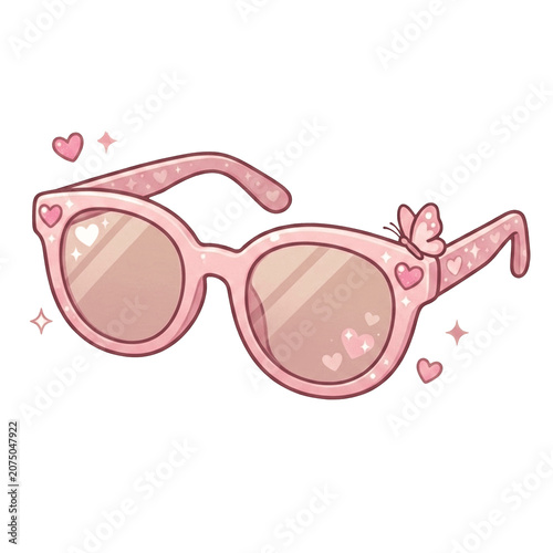 Sunglasses with hearts and a butterfly on the side sitting on a plain background with sparkles