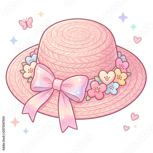 Woven hat with pink ribbon and flowers shown against a light background during springtime