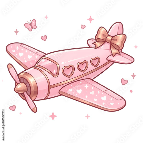 Cute pink airplane with hearts and a bow flying through a sky with butterflies and stars