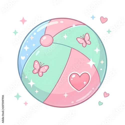 Colorful beach ball with butterflies and hearts at a summer party